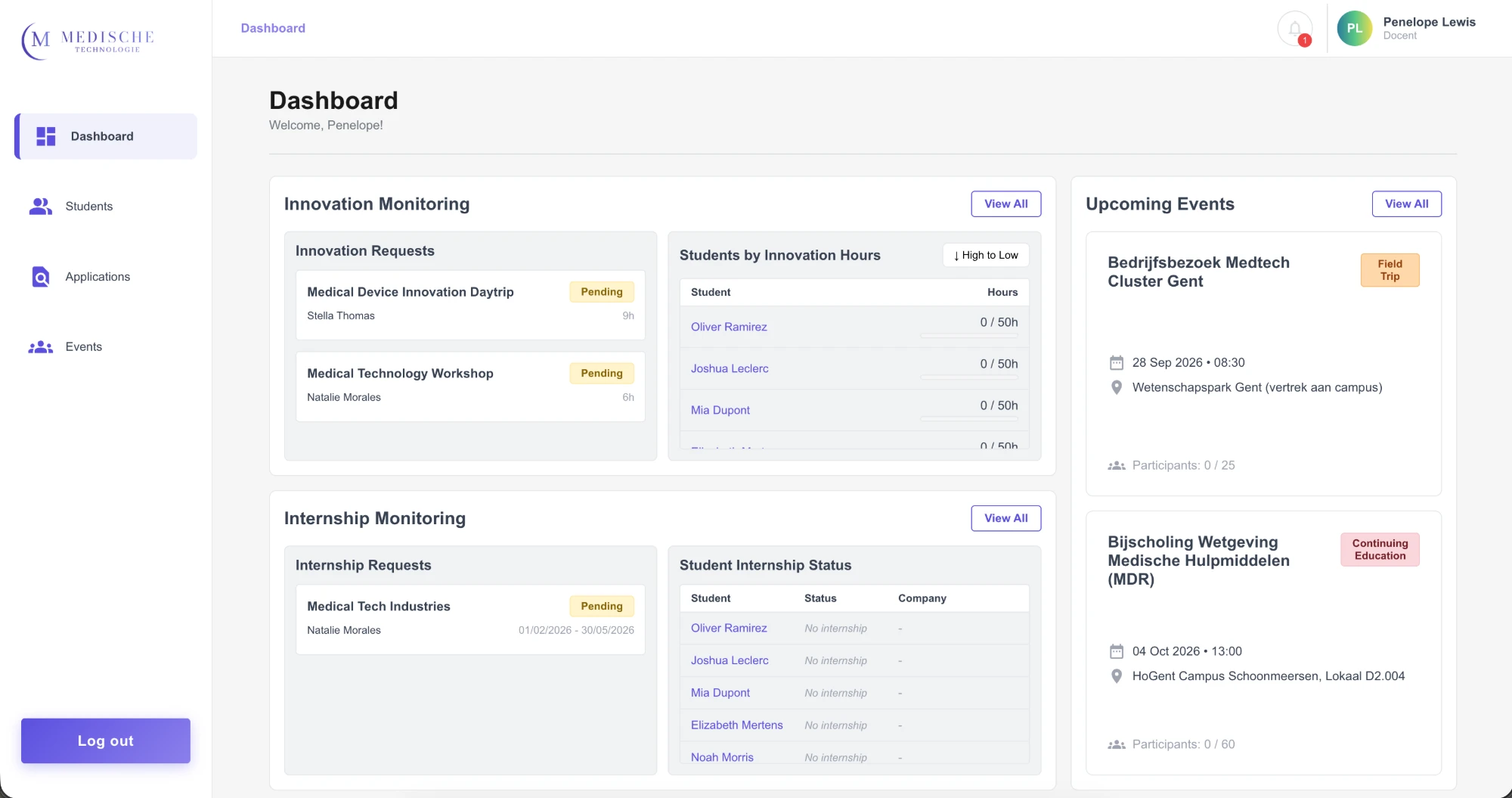 Docentendashboard met opvolging van innovaties, stages en aankomende evenementen