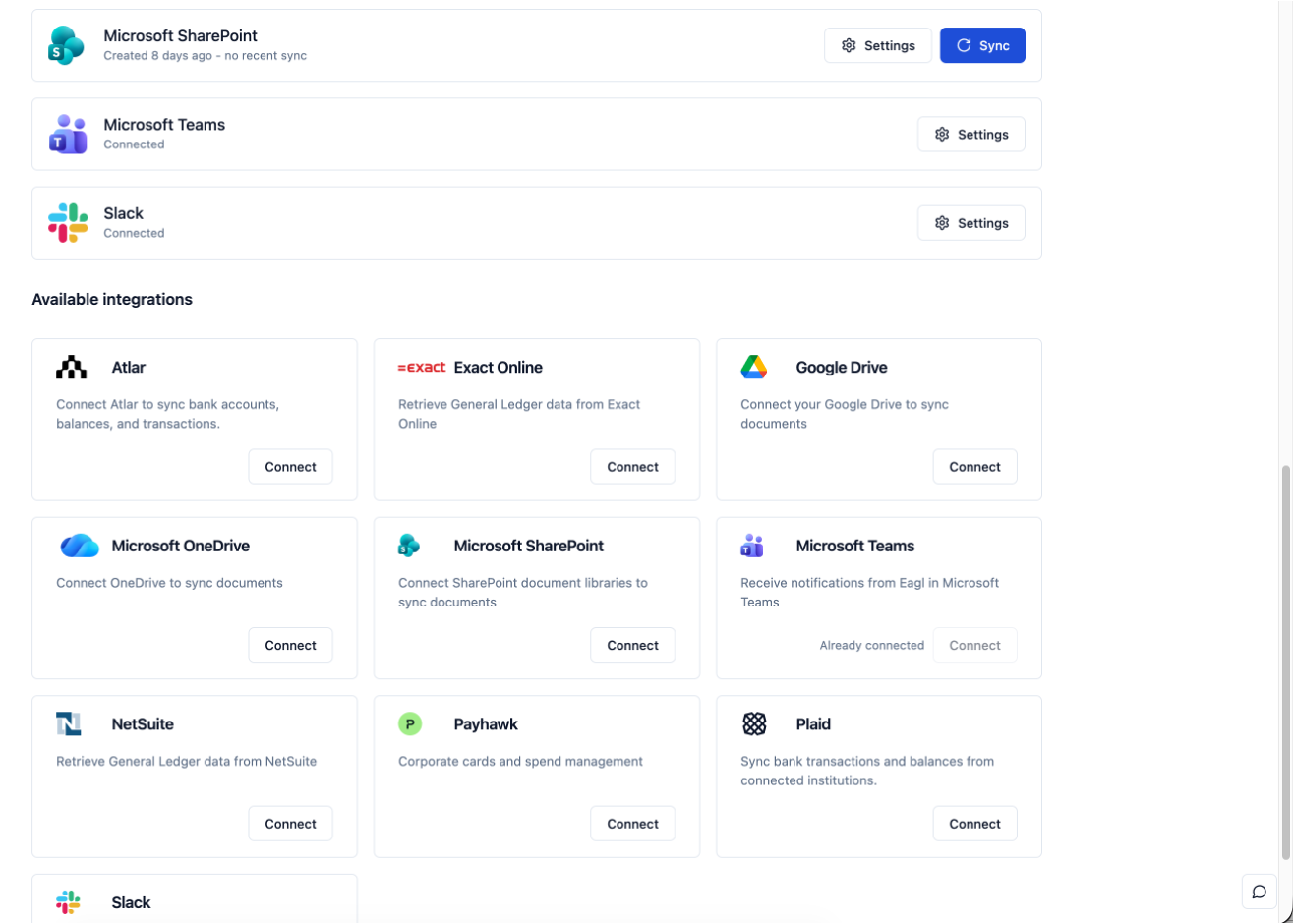 Page des intégrations montrant Slack et Microsoft Teams connectés, avec les autres intégrations disponibles listées en dessous